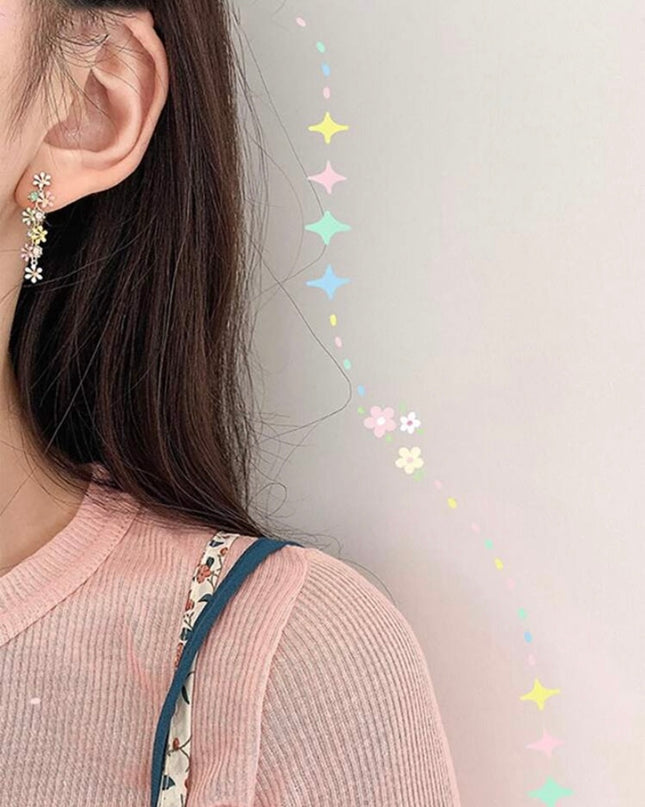 Aretes Largos Flores Pequeñas de Colores