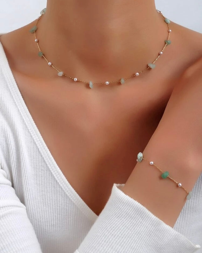 Set 2 Piezas Collar y Pulsera Piedras Verdes