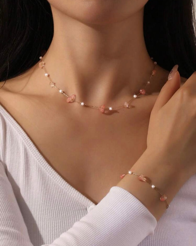 Set 2 Piezas Collar y Pulsera Piedras Rosa y Perlas