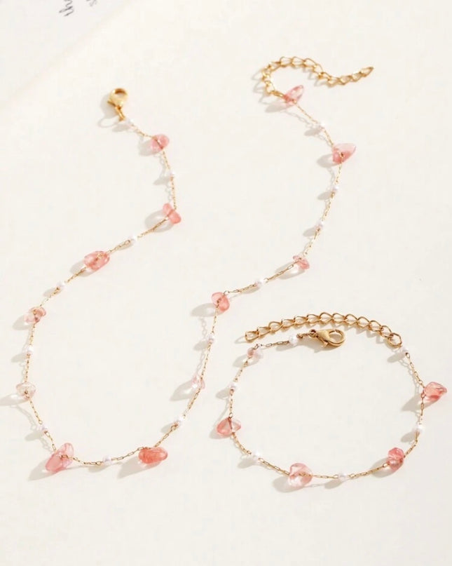 Set 2 Piezas Collar y Pulsera Piedras Rosa y Perlas