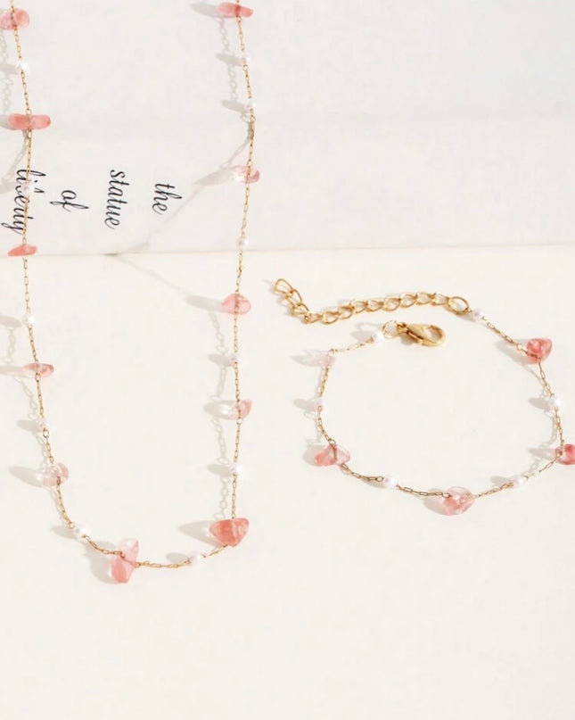 Set 2 Piezas Collar y Pulsera Piedras Rosa y Perlas