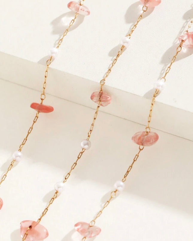 Set 2 Piezas Collar y Pulsera Piedras Rosa y Perlas