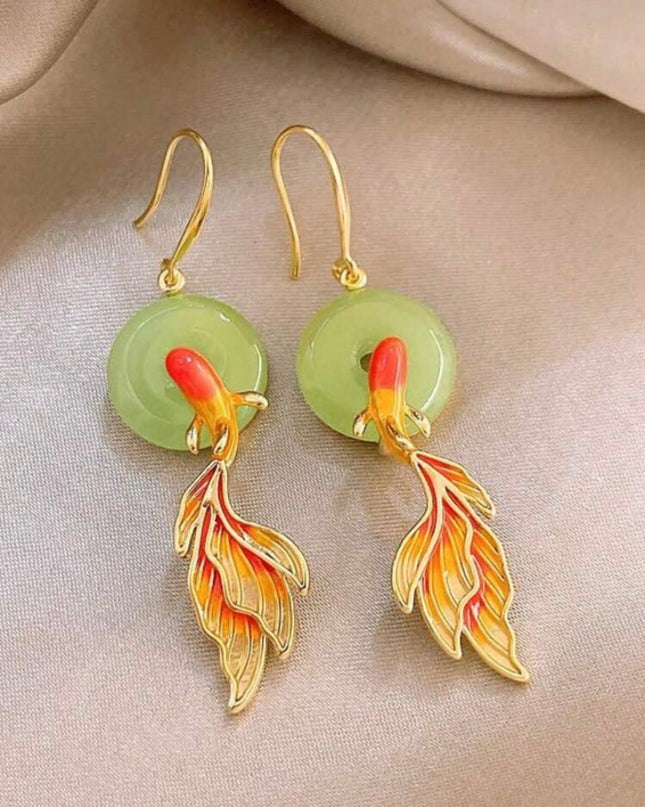 Aretes Estilo Chino Moneda y Pez Dorado