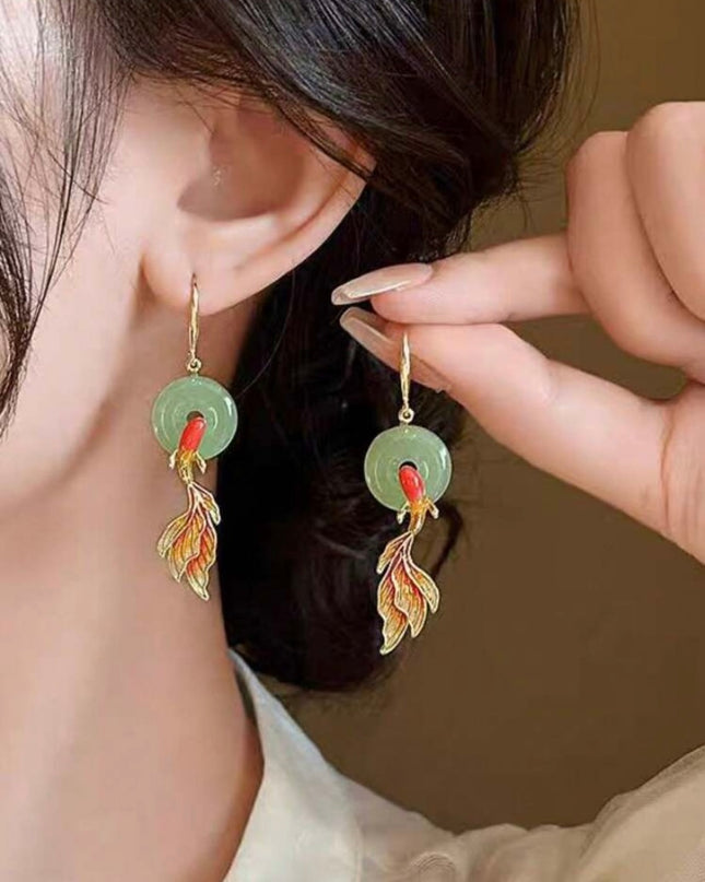 Aretes Estilo Chino Moneda y Pez Dorado
