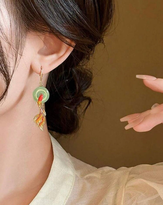 Aretes Estilo Chino Moneda y Pez Dorado