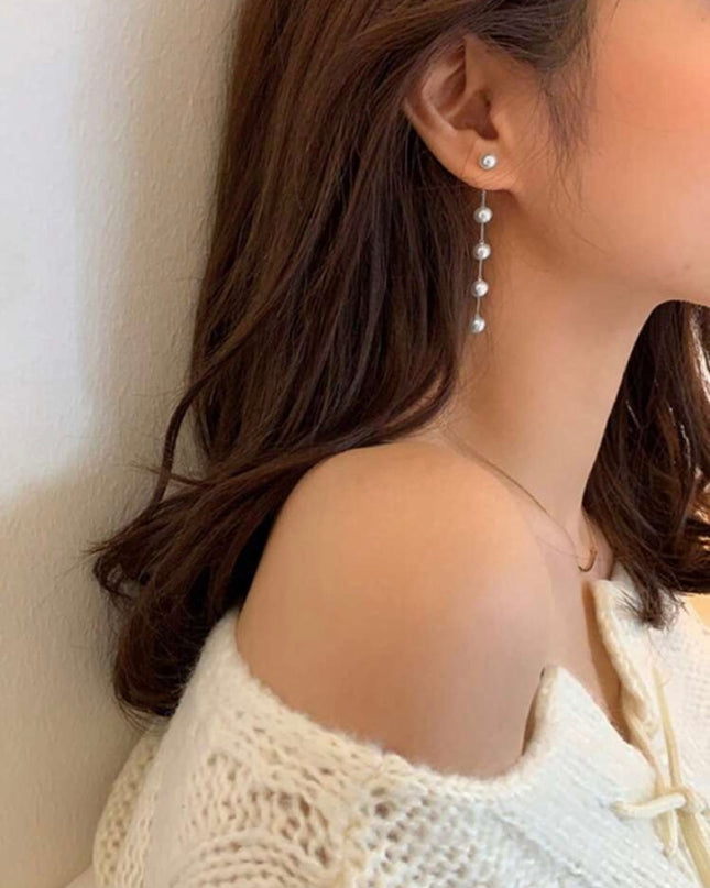 Pendientes Largos Con Perlas Blancas