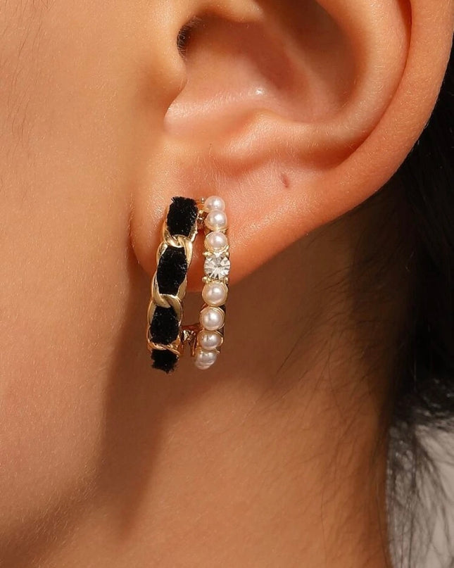 Aretes Doble Negros con Piedras Blancas