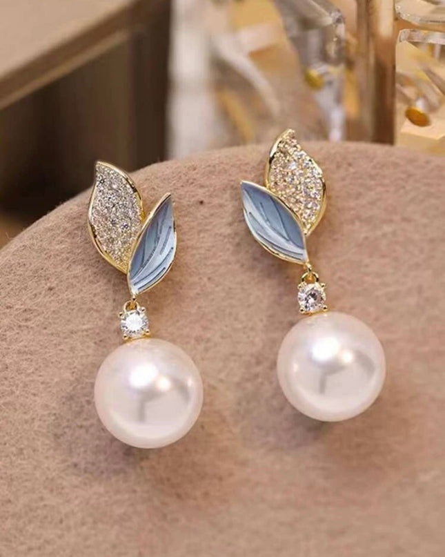 Aretes Hojas Celeste con Piedras y Perla