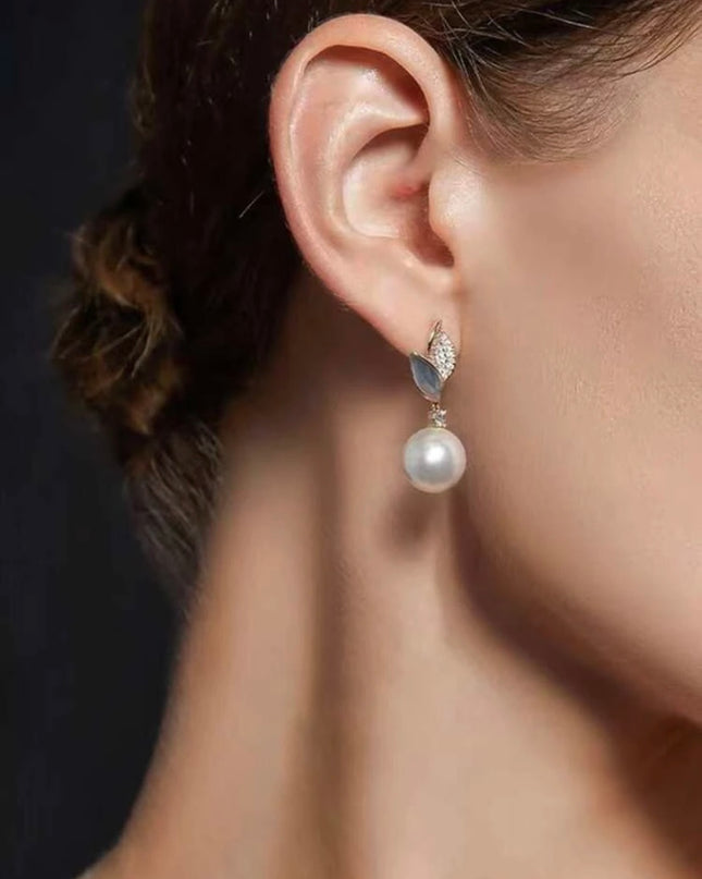 Aretes Hojas Celeste con Piedras y Perla