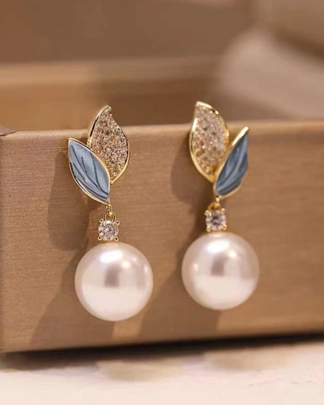 Aretes Hojas Celeste con Piedras y Perla