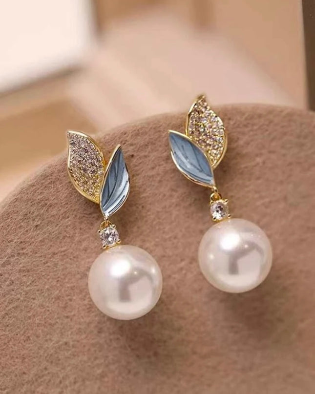 Aretes Hojas Celeste con Piedras y Perla