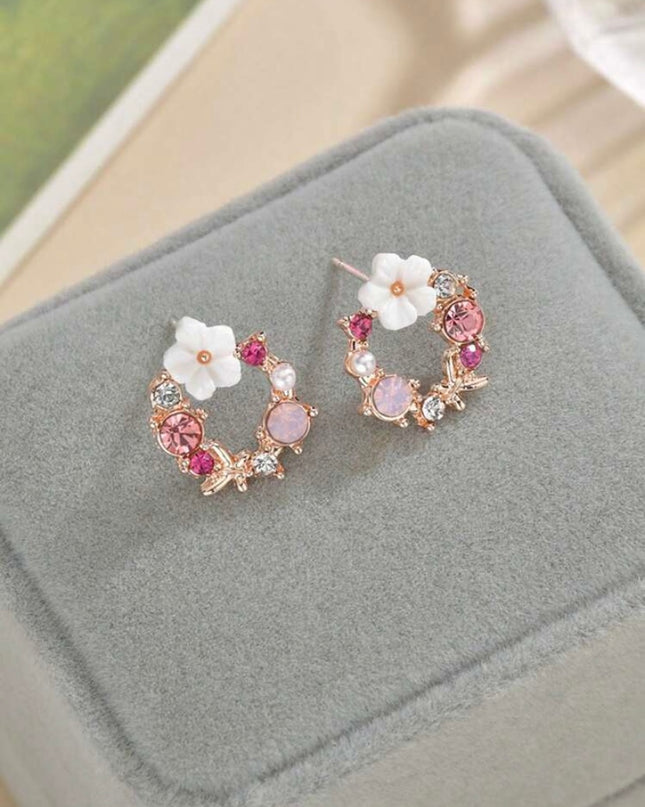 Aretes Circulares con Detalles Rosados con Flor