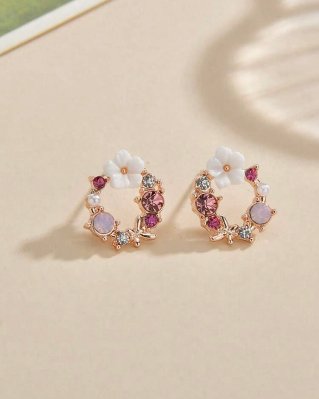 Aretes Circulares con Detalles Rosados con Flor