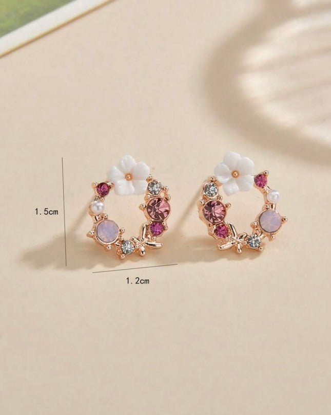 Aretes Circulares con Detalles Rosados con Flor