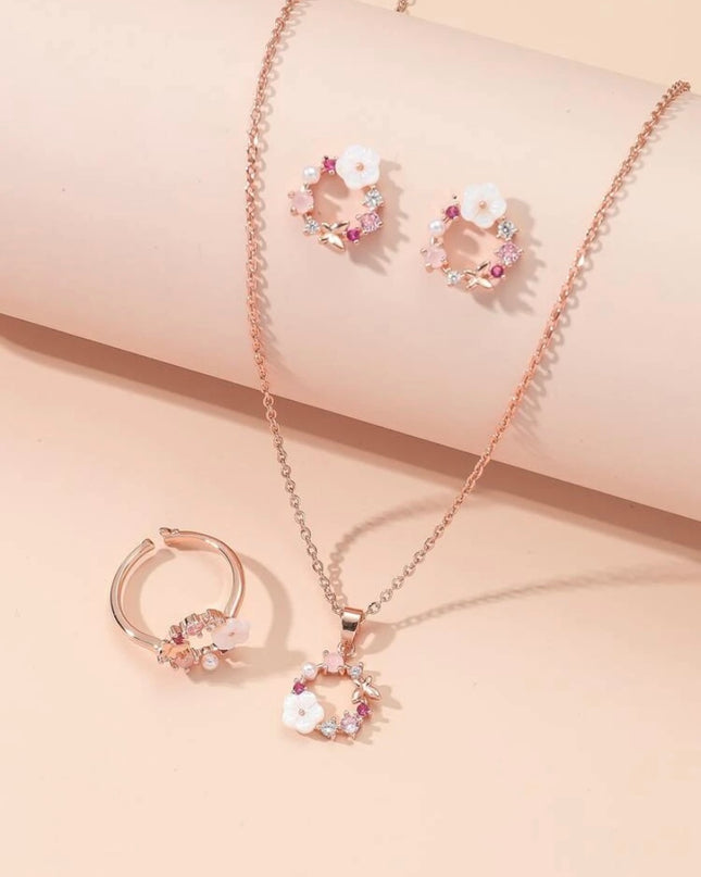 Juego de Flores Aretes, Collar y Anillo