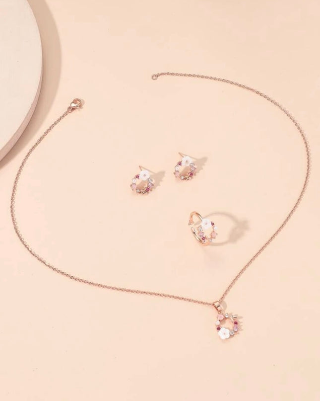 Juego de Flores Aretes, Collar y Anillo