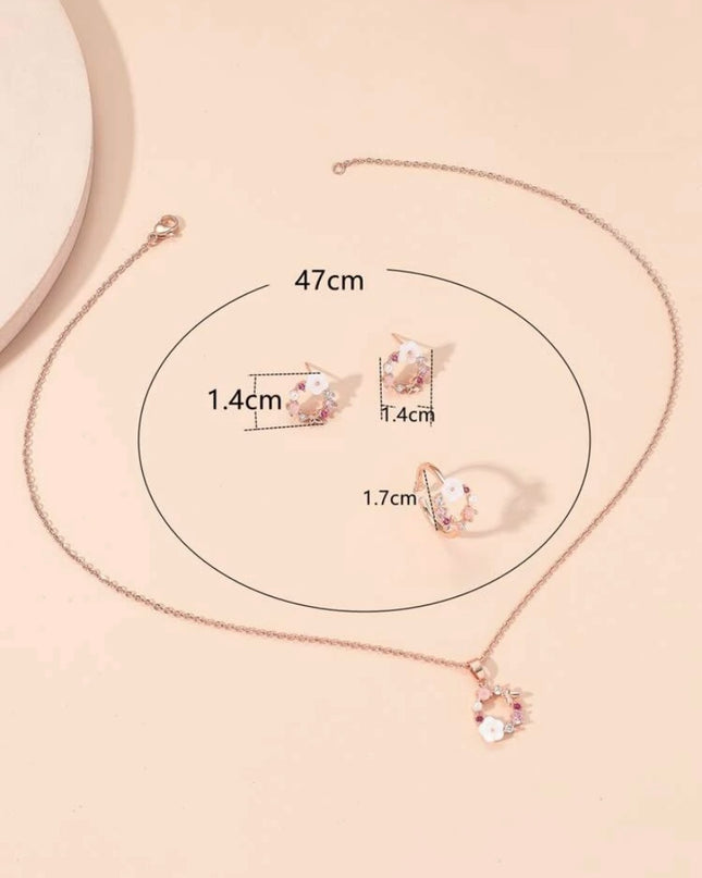Juego de Flores Aretes, Collar y Anillo