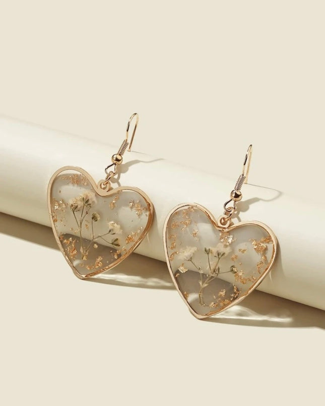 Aretes Transparentes Corazón con Flores Secas