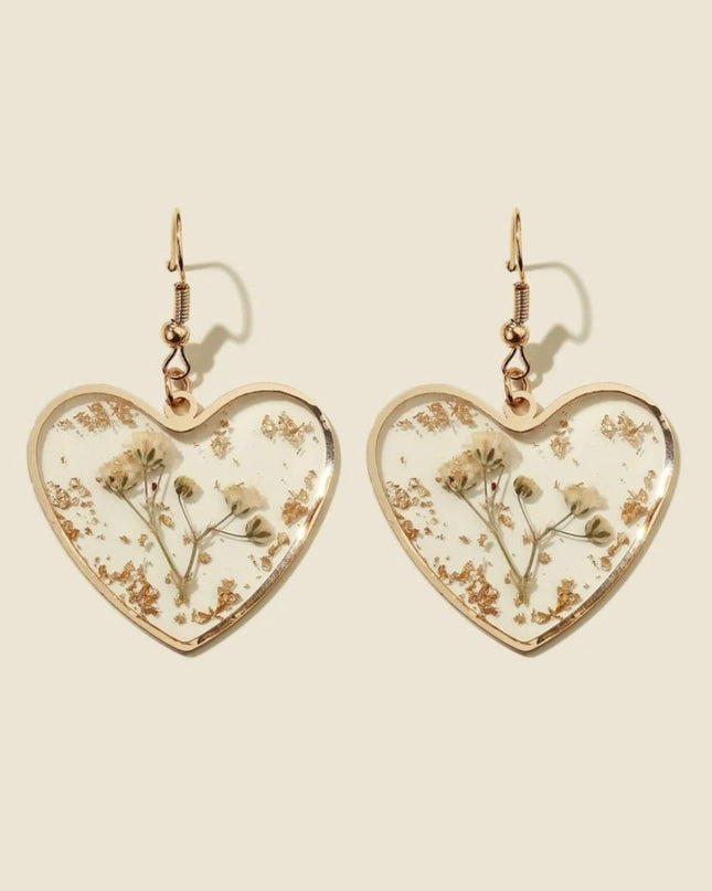 Aretes Transparentes Corazón con Flores Secas