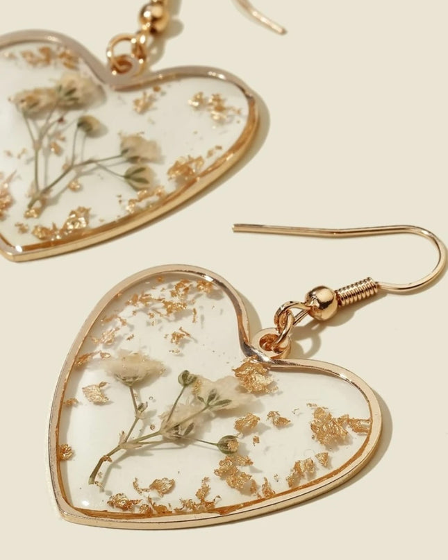 Aretes Transparentes Corazón con Flores Secas