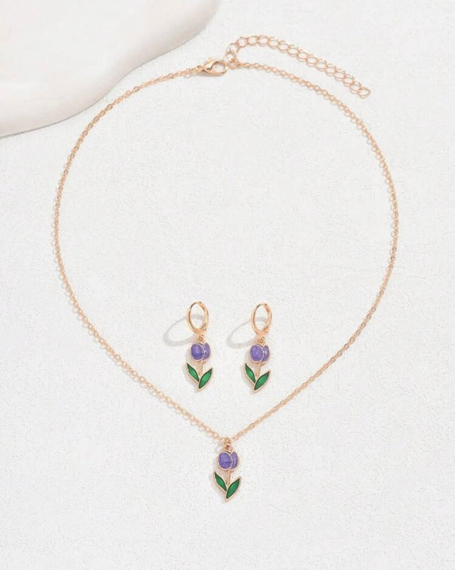 Juego Aretes y Collar Tulipanes Morados