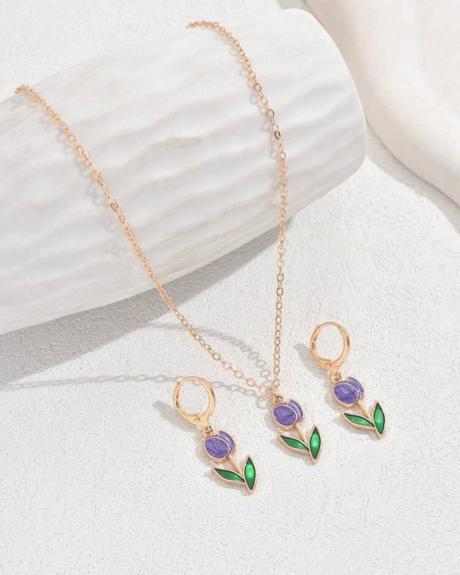 Juego Aretes y Collar Tulipanes Morados