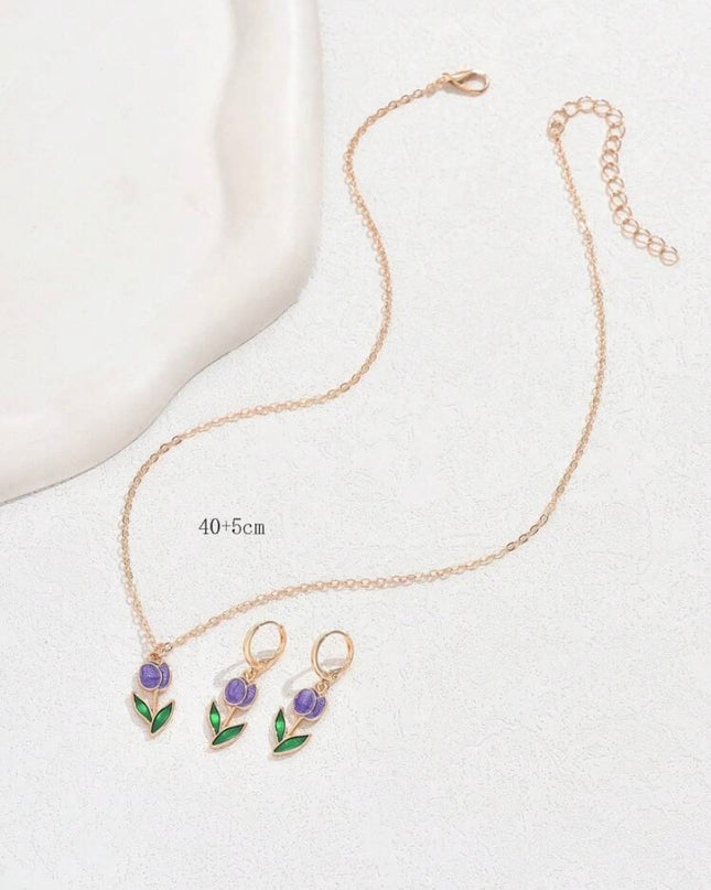 Juego Aretes y Collar Tulipanes Morados