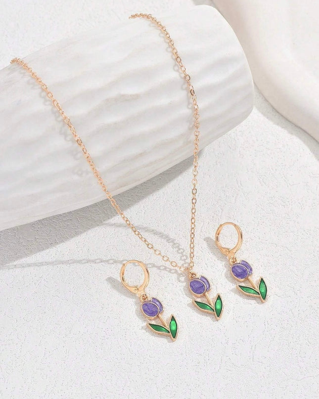 Juego Aretes y Collar Tulipanes Morados