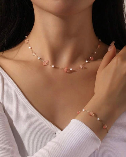 Set 2 Piezas Collar y Pulsera Piedras Rosa y Perlas