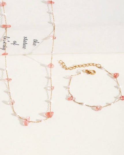 Set 2 Piezas Collar y Pulsera Piedras Rosa y Perlas