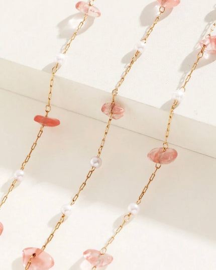 Set 2 Piezas Collar y Pulsera Piedras Rosa y Perlas