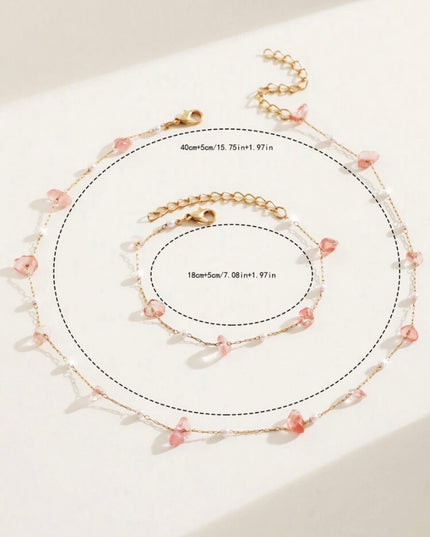 Set 2 Piezas Collar y Pulsera Piedras Rosa y Perlas