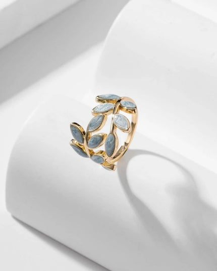 Anillo Abierto Diseño Hojas Celestes