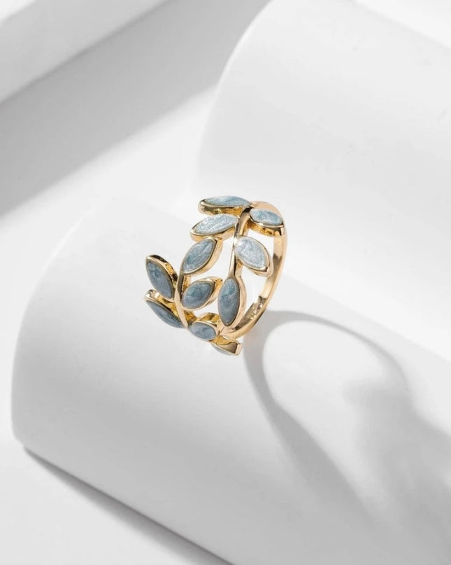 Anillo Abierto Diseño Hojas Celestes