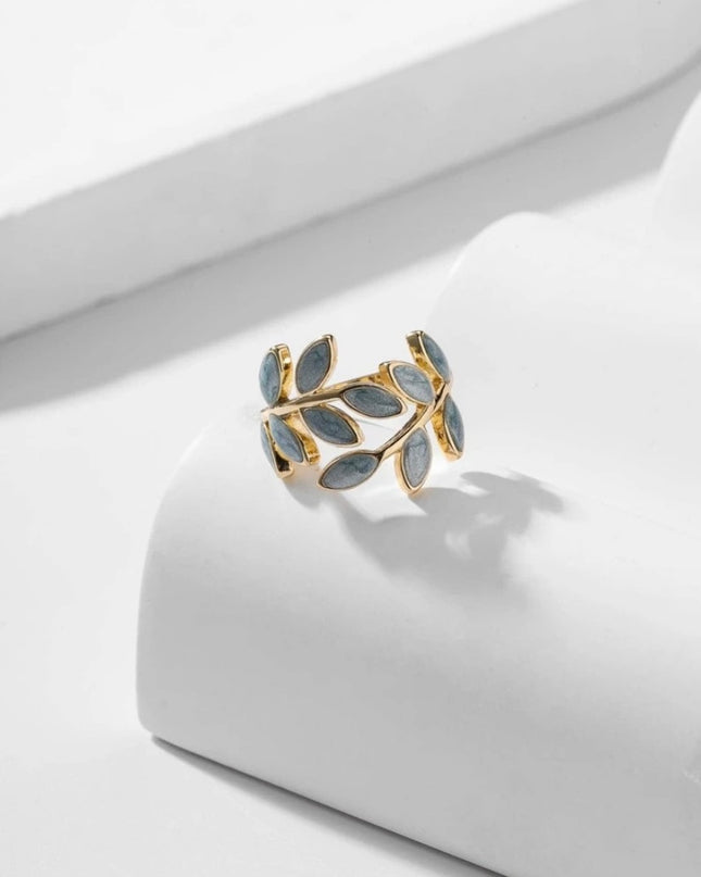 Anillo Abierto Diseño Hojas Celestes