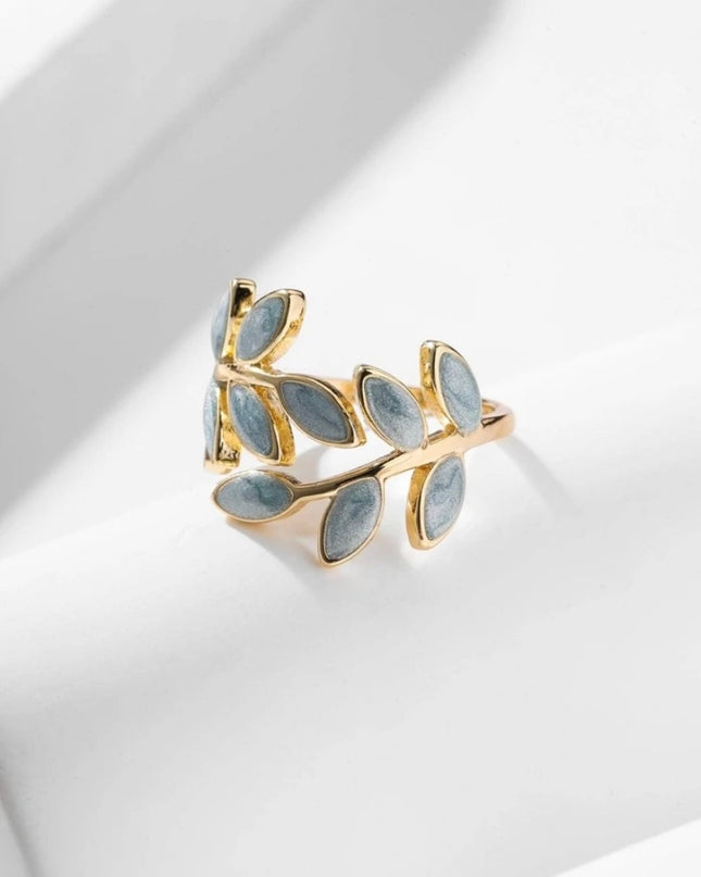 Anillo Abierto Diseño Hojas Celestes