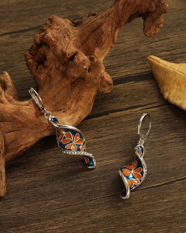 Aretes Diseño Espiral Detalles Flores Naranjas