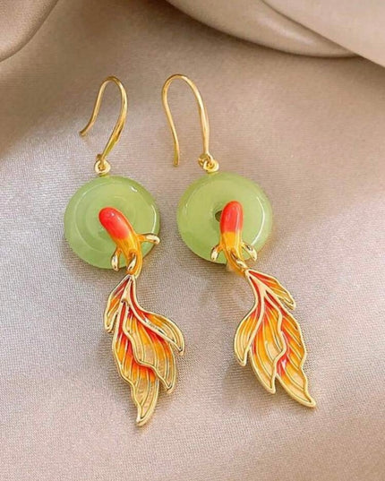 Aretes Estilo Chino Moneda y Pez Dorado
