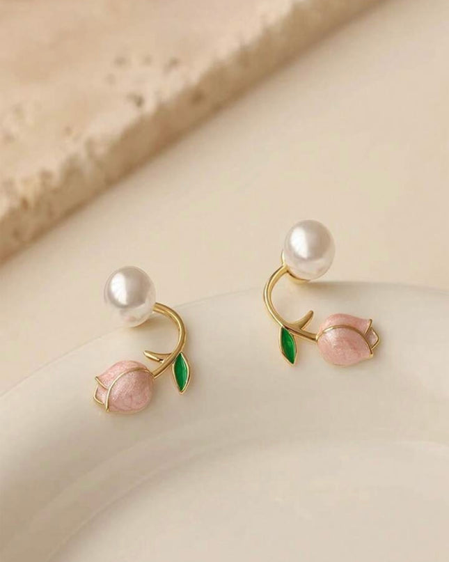 Pendientes de Perla con Tulipán Rosado