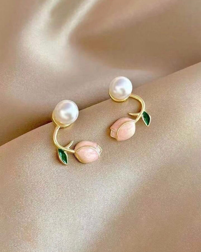 Pendientes de Perla con Tulipán Rosado