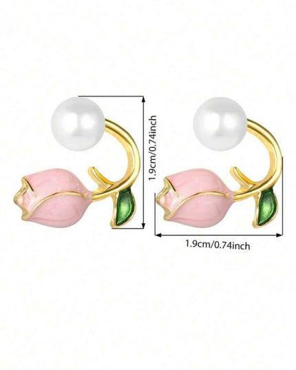 Pendientes de Perla con Tulipán Rosado