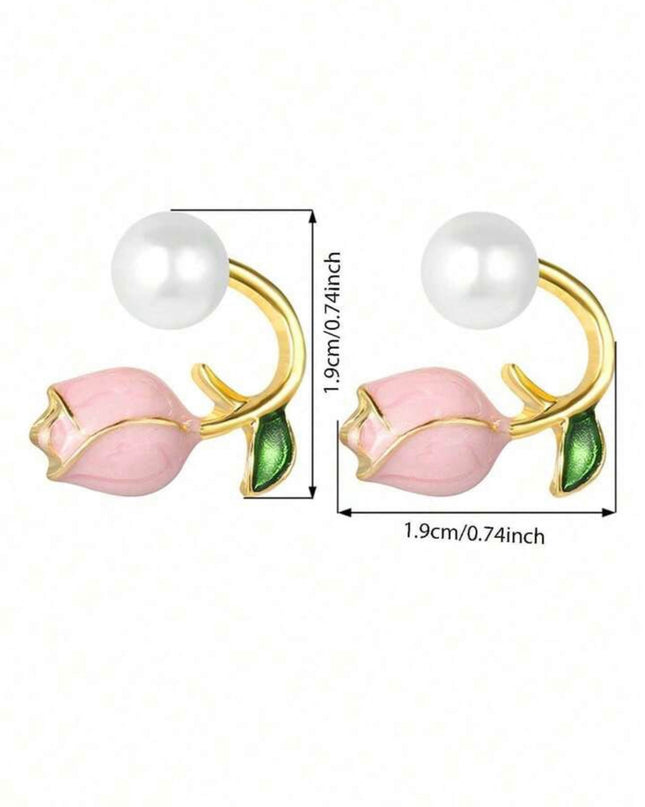 Pendientes de Perla con Tulipán Rosado