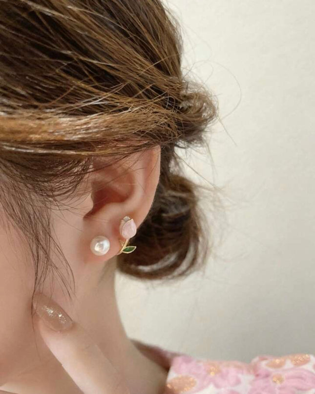Pendientes de Perla con Tulipán Rosado