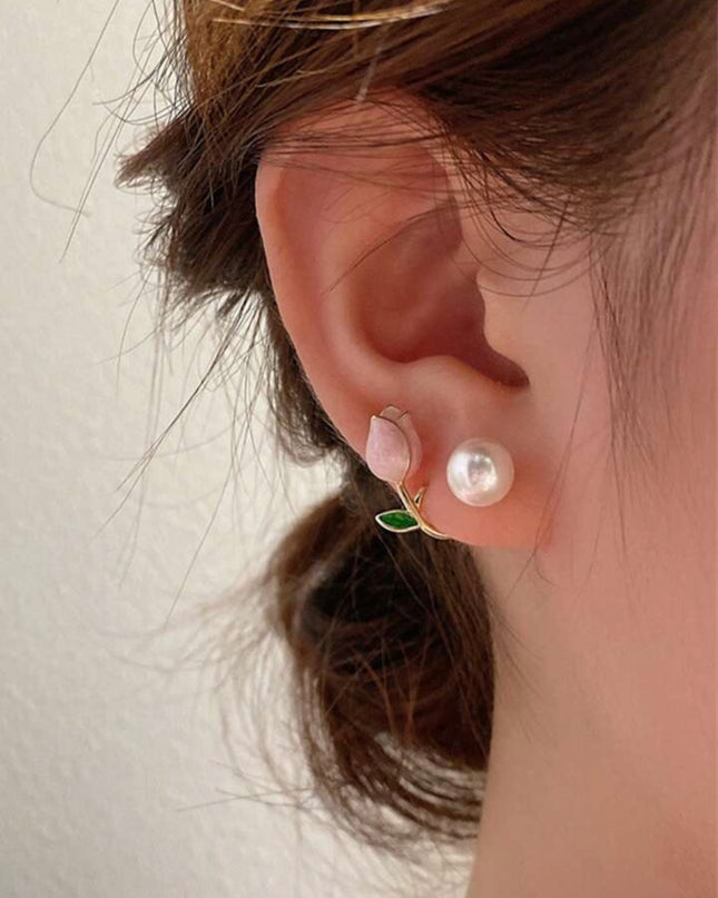 Pendientes de Perla con Tulipán Rosado