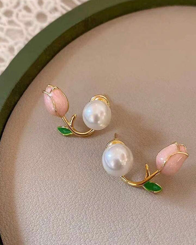 Pendientes de Perla con Tulipán Rosado