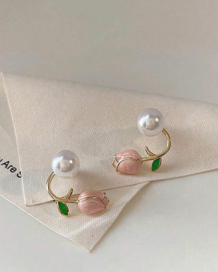 Pendientes de Perla con Tulipán Rosado