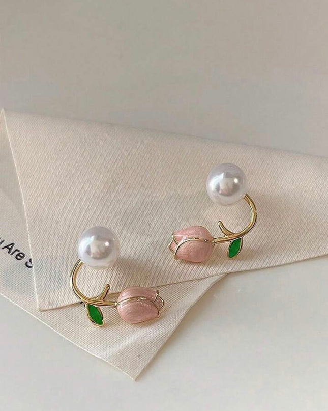Pendientes de Perla con Tulipán Rosado