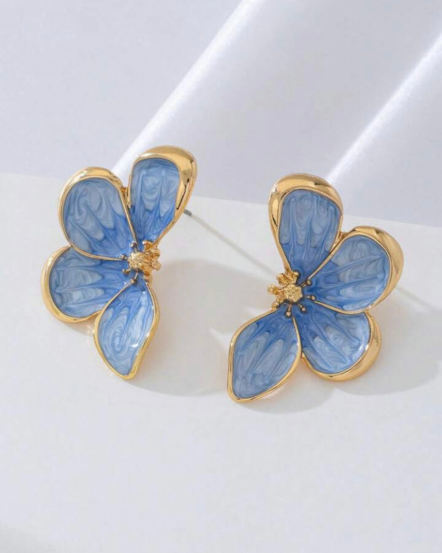 Aretes Dorados Esmalte Pintado a mano Flor Azul