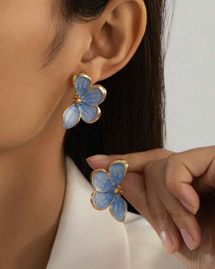 Aretes Dorados Esmalte Pintado a mano Flor Azul