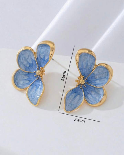 Aretes Dorados Esmalte Pintado a mano Flor Azul